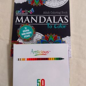 SOLD - Adult Mandalas Coloring book with 50 color pencils - Brand New